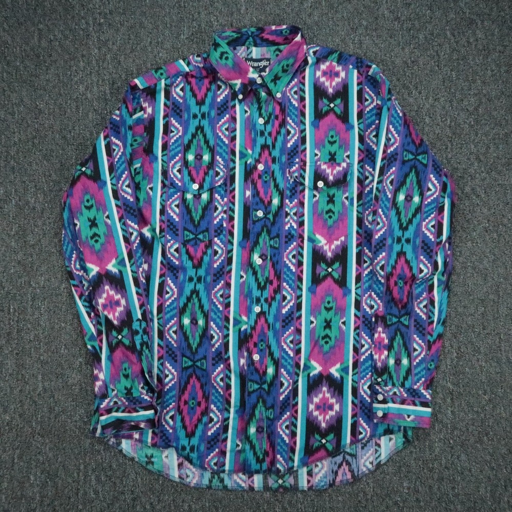 VINTAGE Wrangler Shirt Mens Large Purple Blue Cowboy Cut Western Colorful 16.5